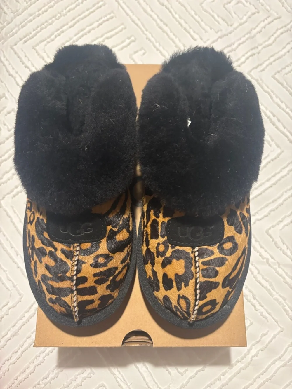 UGG Women Leopard Print Slippers with Black Plush Cuff - Picture 1 of 5